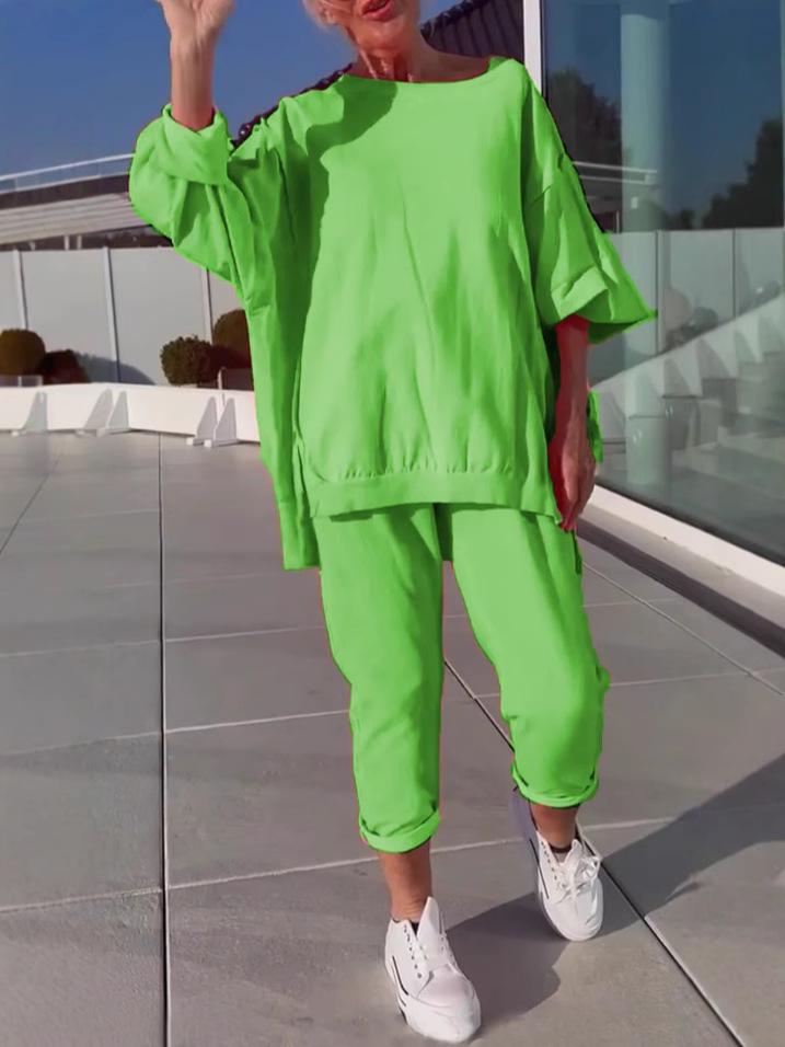 2025 Women's Casual Solid Color Long Sleeve Top and Pants Set - European & American Style