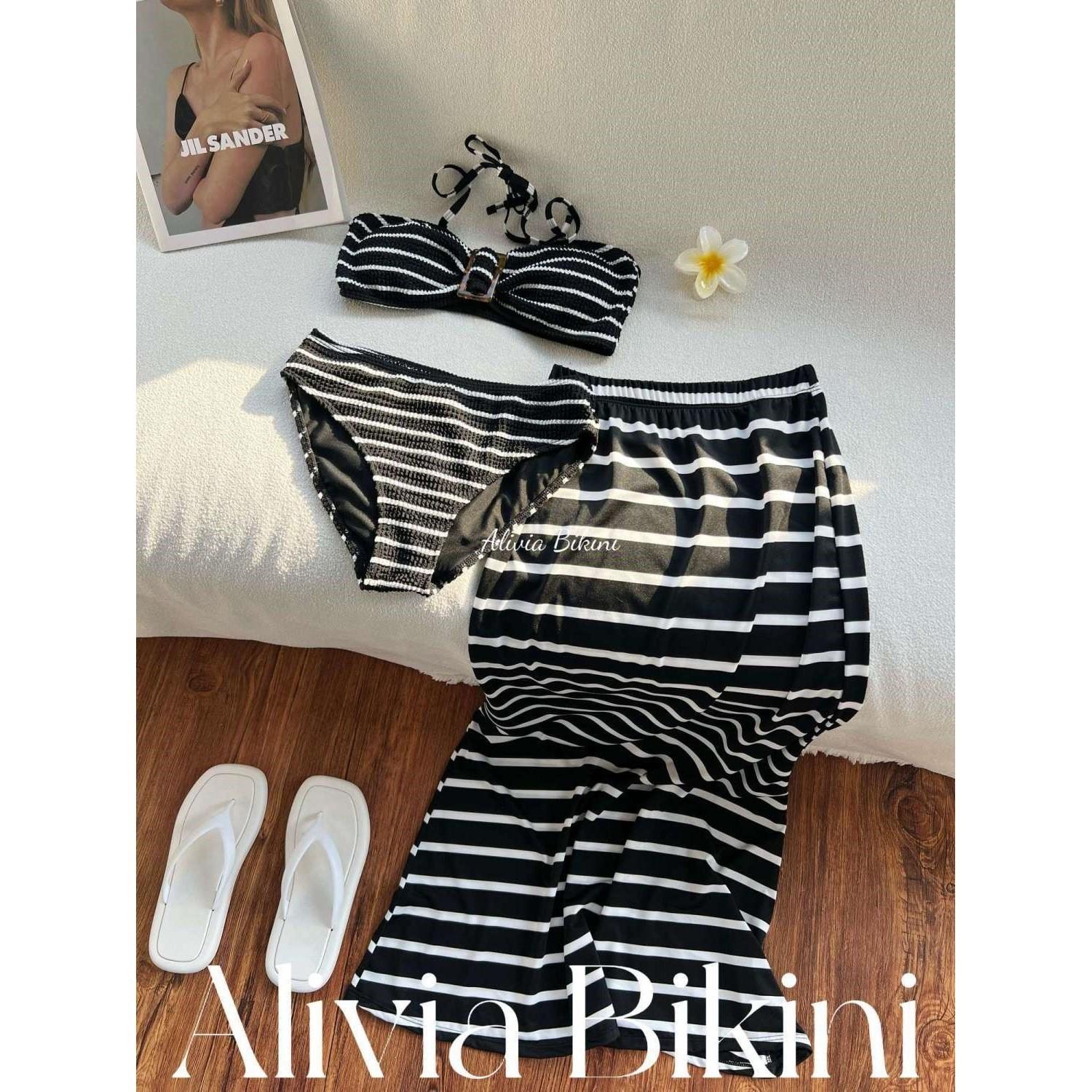 

[Guo Xiaoting of the same style] Striped and thin bikini three-piece seaside hot spring vacation swimsuit S