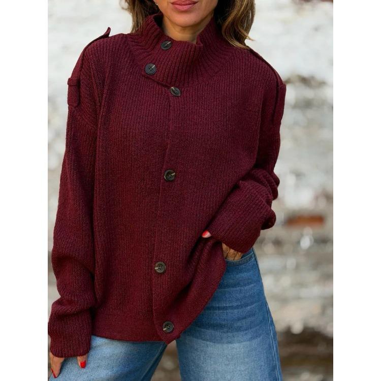 Dames Hoge Hals Asymmetrische Knopenlijst Geribbelde Gebreide Trui Losse Pasvorm Lange Mouw Top