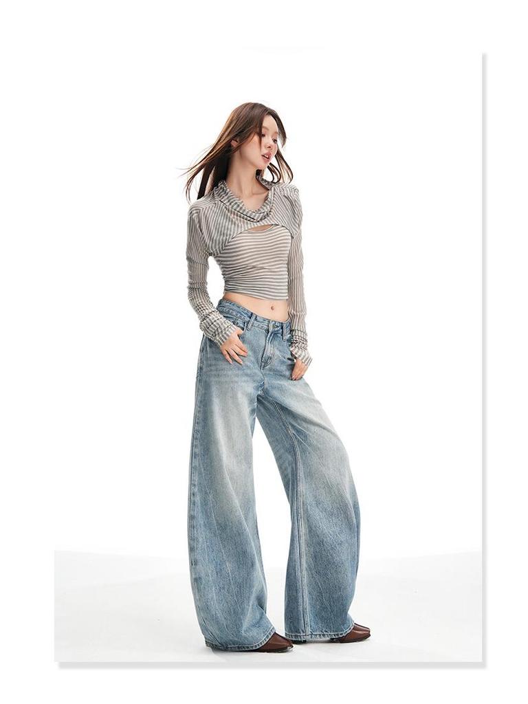 Women's Retro Washed Low Waist Wide Leg Jeans - Autumn Winter Collection