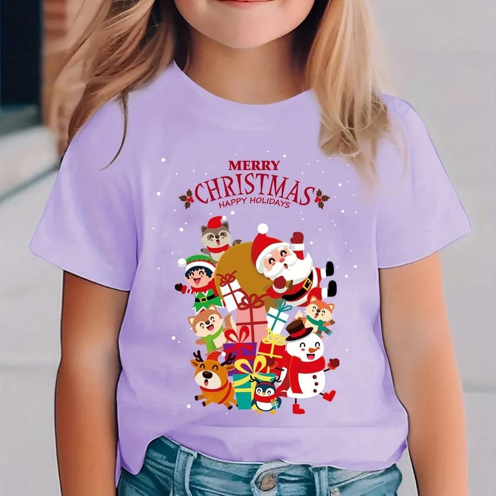 Christmas Summer Fashion Girls' Short Sleeved T-shirt with Santa Claus, Snowman, Cartoon Pattern Print