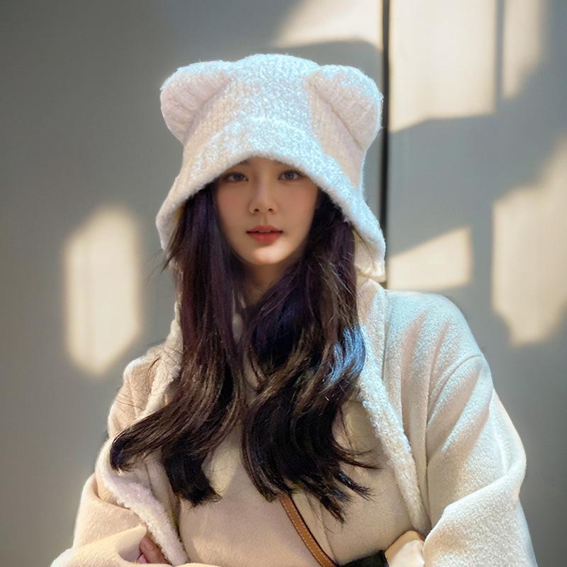 

Bear Wool Hat Women s Winter Face Showing Small Warm Knitted Hat Big Head Ear Protection Wool Hat Fashionable One size