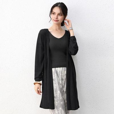 Women Casual Color Thin Open Stitch Long Sleeve Mid-length Cardigan Solid Coat Collarless Sun Protection Coat