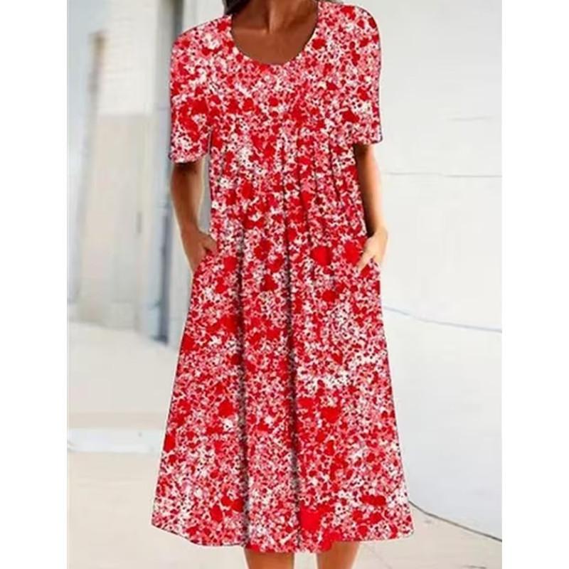 Women Loose Summer Floral Vintage Sexy Ruffles Pocket Dress