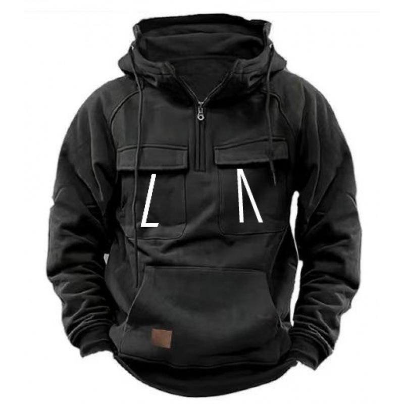 2026 Vintage Men s Distressed Hooded Sweatshirt with Multi-Pocket Zipper S чёрный