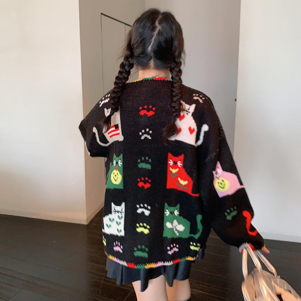 Dimanaf 2025 Flower Sweaters Cardigan Autumn Women Print O-Neck Sweaters Knitting Loose Black Sweater