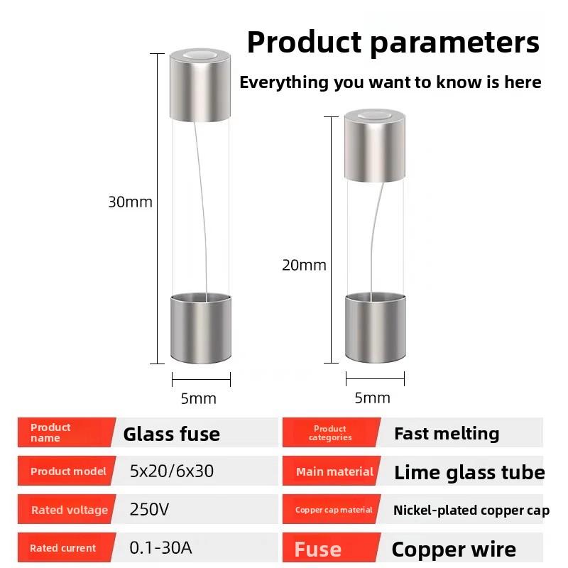 6*30 5*20 Glas-Sicherung Schnell sicherung 250V 0.1A 0.2A 0.5A 1A 2A 3A 3.15A 4A 5A 6A 7A 8A 10A 12A 15A 20A 30A Schnell durchbrennend 5x20mm 6x30mm
