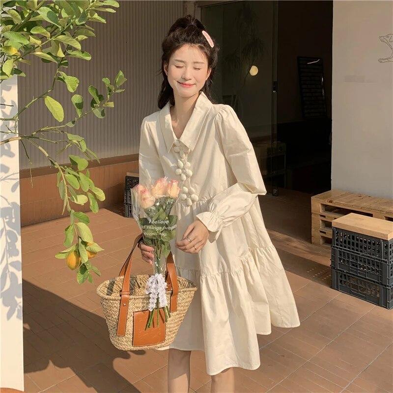 Dresses Women 3D Flower Y2k Autumn Hotsweet Korean Style Simple Long Sleeve High Street All-match Temperament Knee-length Daily