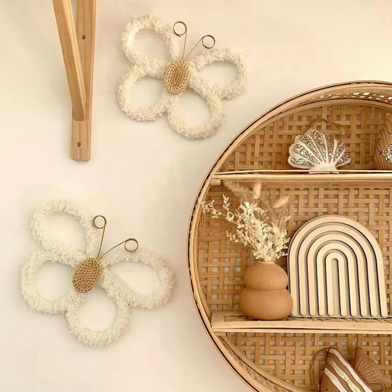 2 Pcs Boho Daisy 3D Butterfly Wall Decor Macrame Rattan Wall Hanging Decoration Nursery Art Bohemian Room Decor for Teen Girls