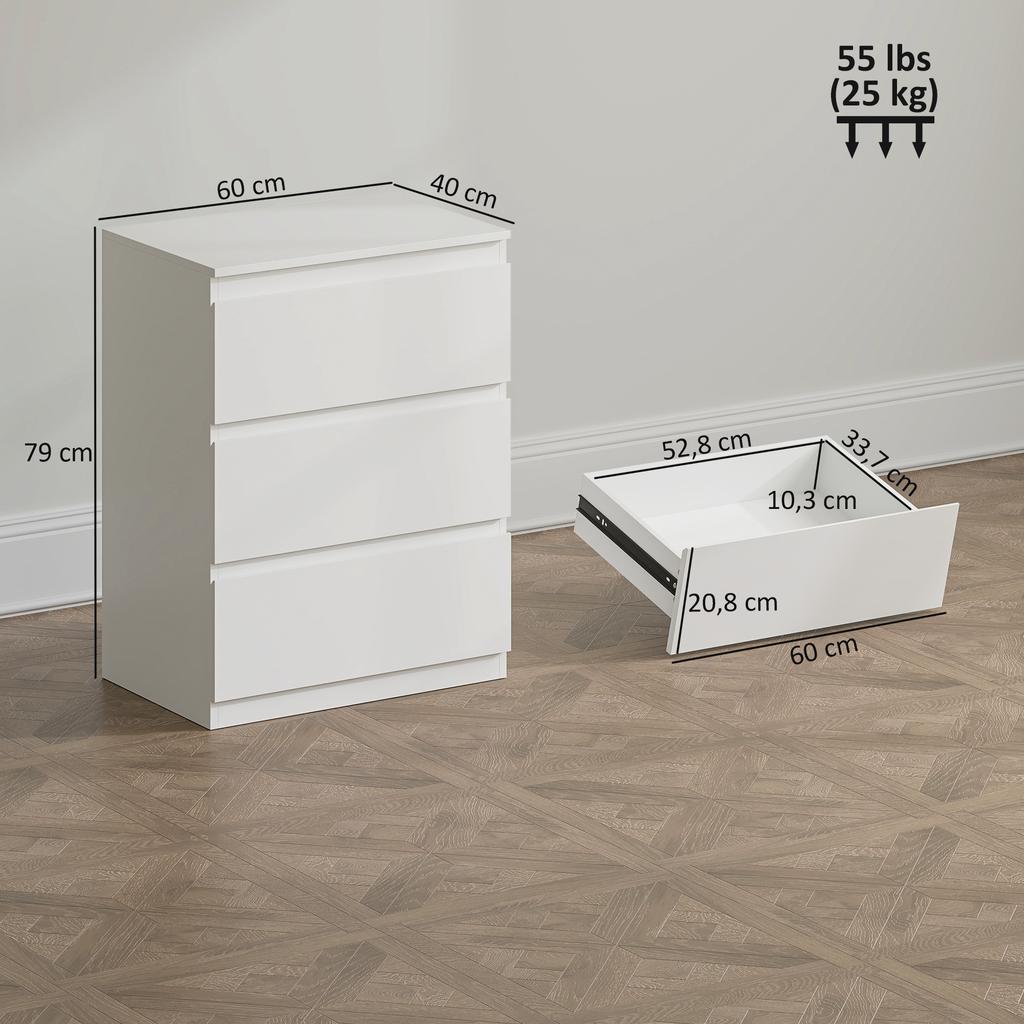 Chest of Drawers with 3 Drawers, for Living Room, Bedroom, Hallway, Particleboard, White