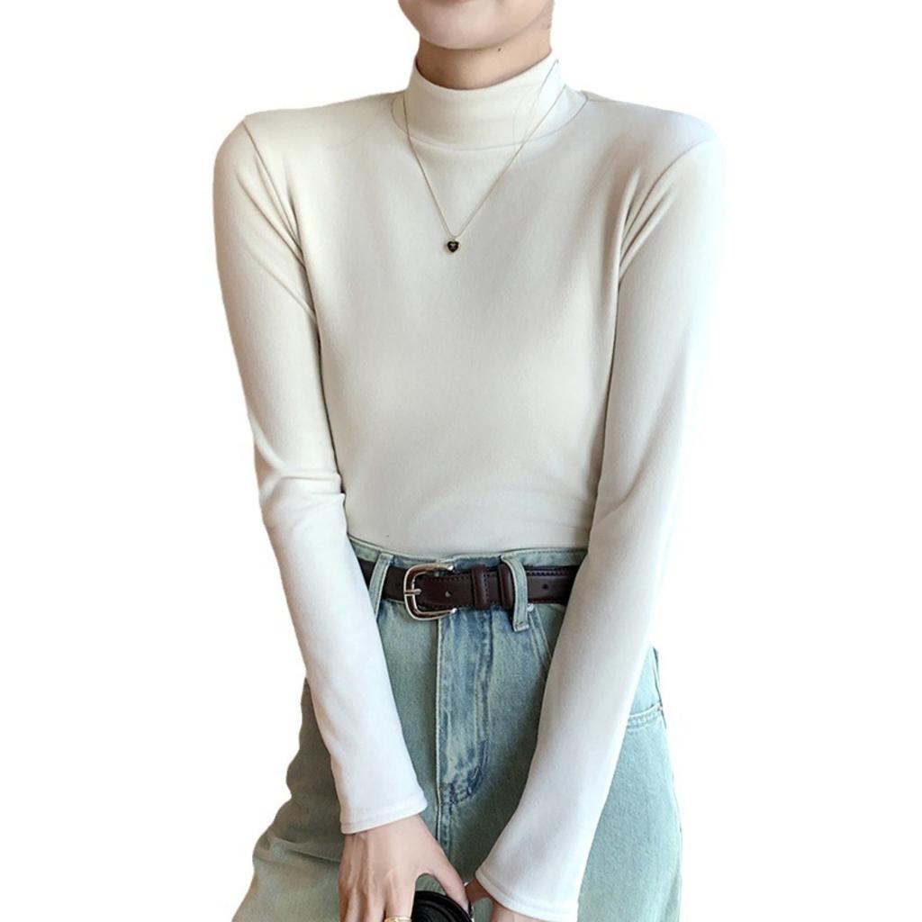 Half High Neck Double-sided German Velvet Base Shirt for Women , with Solid Color and Thick Velvet Inside, Warm Long Sleeved Top