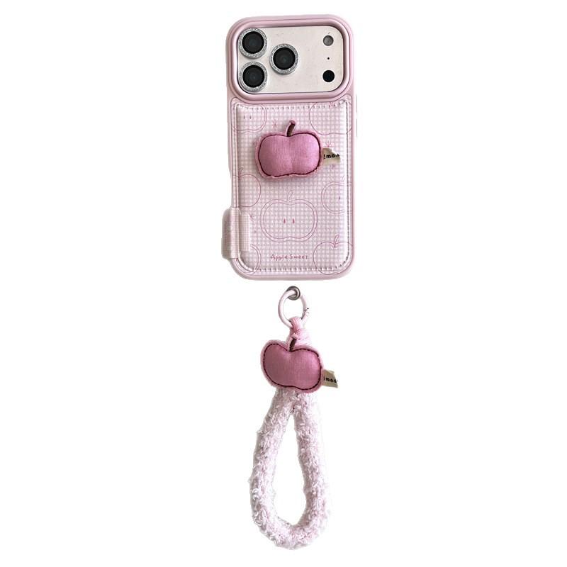 Rosa Karomuster 3D Apfel Handyhülle & Lanyard für iPhone 14, 15, 16 Pro Max, 17