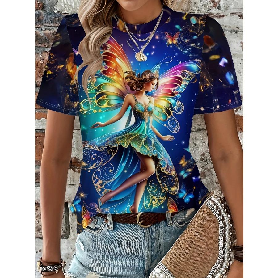 Women s Tee - Rainbow Wing Fairy & Butterflies Graphic, Magical Sparkle Design for Casual Daily Wear S