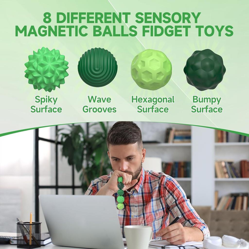 Lynker Magnetiska Fidget-bollar Leksak 8-pack, Silikonfodral, Ångestlindring, för Vuxna Tonåringar, Tyst Leksak för Kontorsbordet, Rolig Magnetisk Gåva, Grön