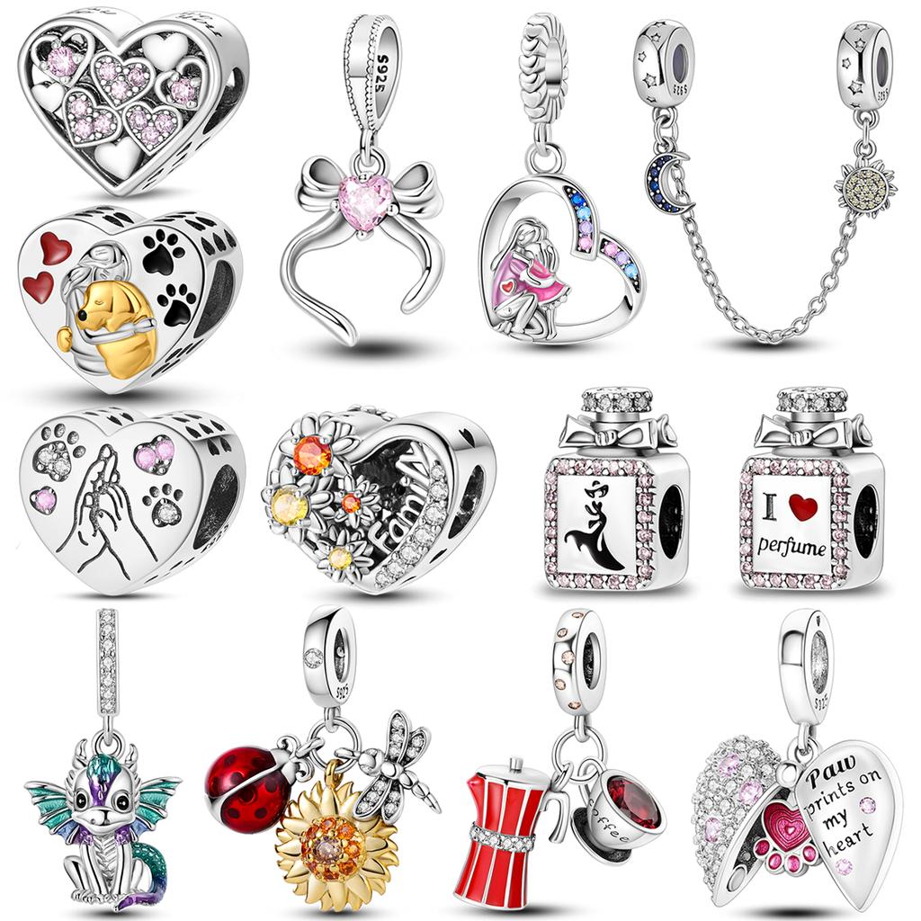 Fit Original Bangle Bracelet Inlaid Zircon Beads Charms 925 Sterling Silver Heart-shape Colorful Dangle Pendants Bangle Jewelry