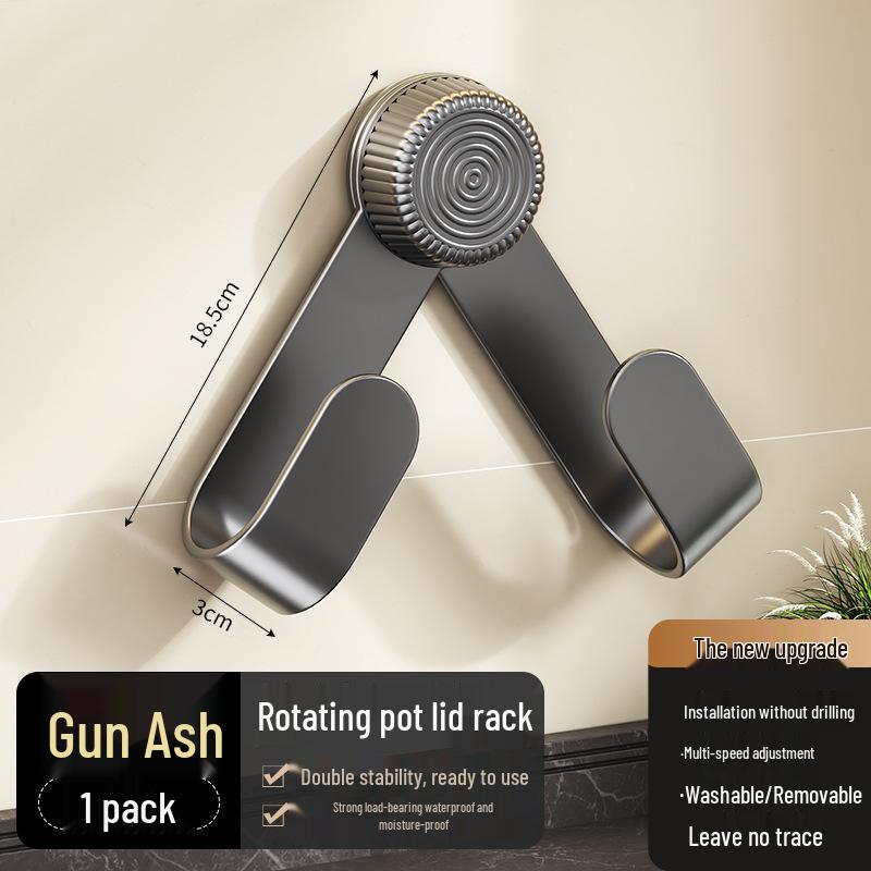 Wall-Mounted Rotating Pot Lid & Cutting Board Rack – Seamless Nail-Free Design with Suction Cup Storage.
