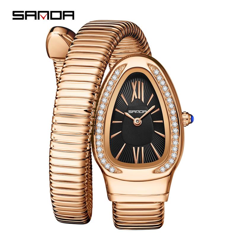 SANDA Fashion Women's Quartz Watch Serpentine Inlaid Diamond Women's Watch Retro Light Luxury Women's Quartz Watch