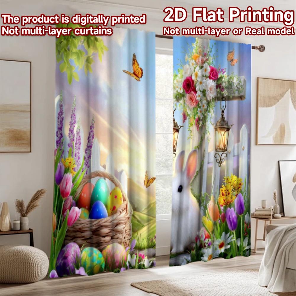 2D flat printing 2pcs Window Curtains Easter Bunny Cross Flowers Digital Printed Polyester Drapes Birthday Party Use for New