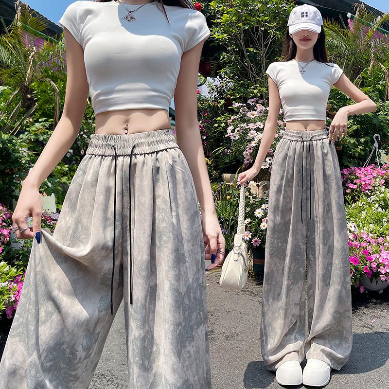 Pantaloni de vară pentru femei cu imprimeu vintage, talie înaltă, cu șireturi, pantaloni largi cu buzunar pentru fete