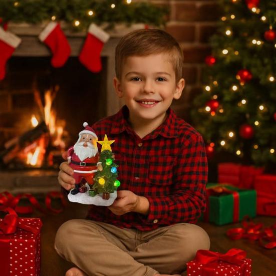 Christmas Santa Figurine Solar Light Resin Snowman Santa Claus Tree Statue Decorative Lamp Home Office Desktop Ornament