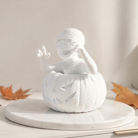Blank PLA Sculpture for Art 3D Printed Pumpkin Boy Figurine, Unpainted White DIY Statue, Unique Tabletop Display Piece Halloween Mummy Sculpture,