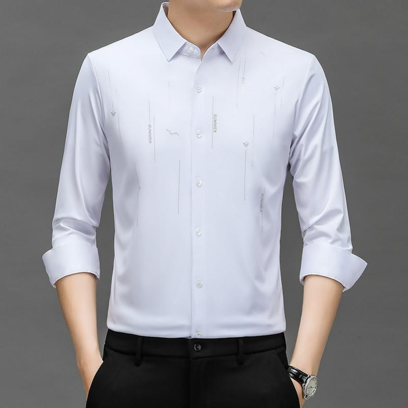 Men's Long-sleeved Shirt Seagull Print Spring and Autumn Fashion Stretch Seamless Non-iron Casual Shirt Men