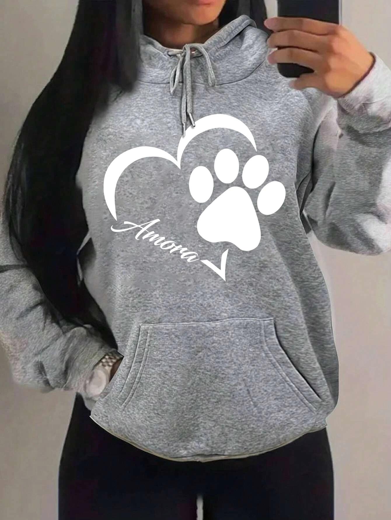 

Love And Little Cat Foot Creative Print Women Hoody Fashion Autumn Sweatshirt Pocket Hoodie Sport Style Comfortable Pullover 2XL