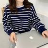 Back Slit Retro Short Section Round Neck Pullover Striped Sweater Female Thick Section Loose Round Neck Knitted Bottoming Shirt Outer Wear