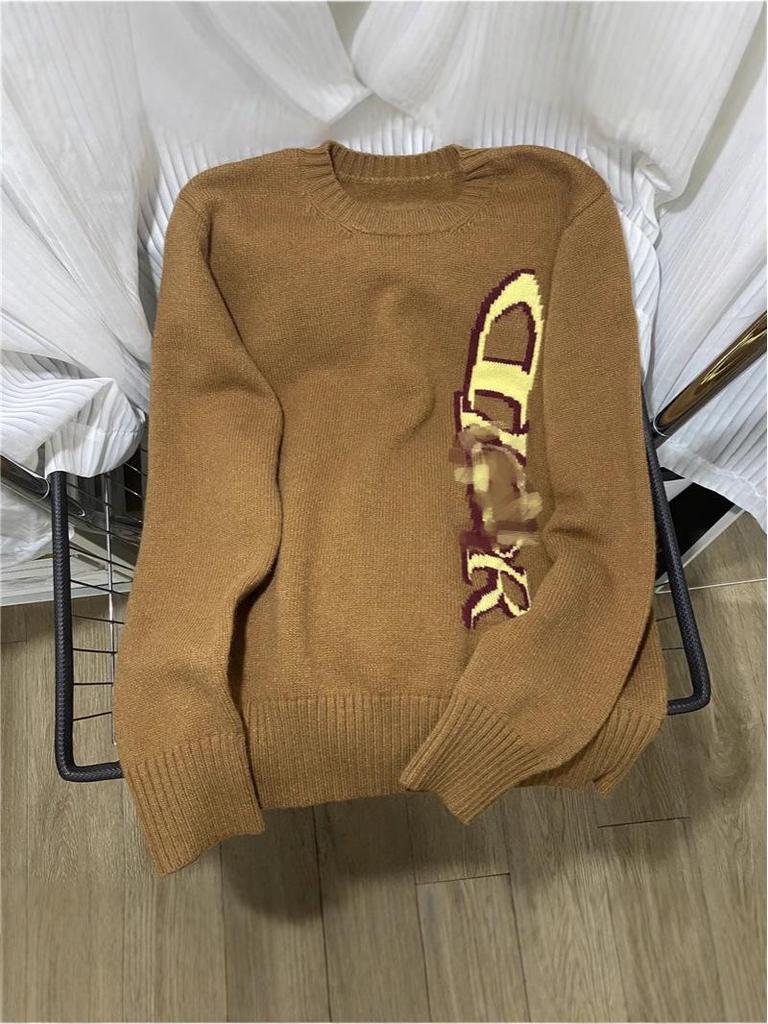 Unisex Color Block Logo Jacquard Round Neck Sweater with Long Sleeves