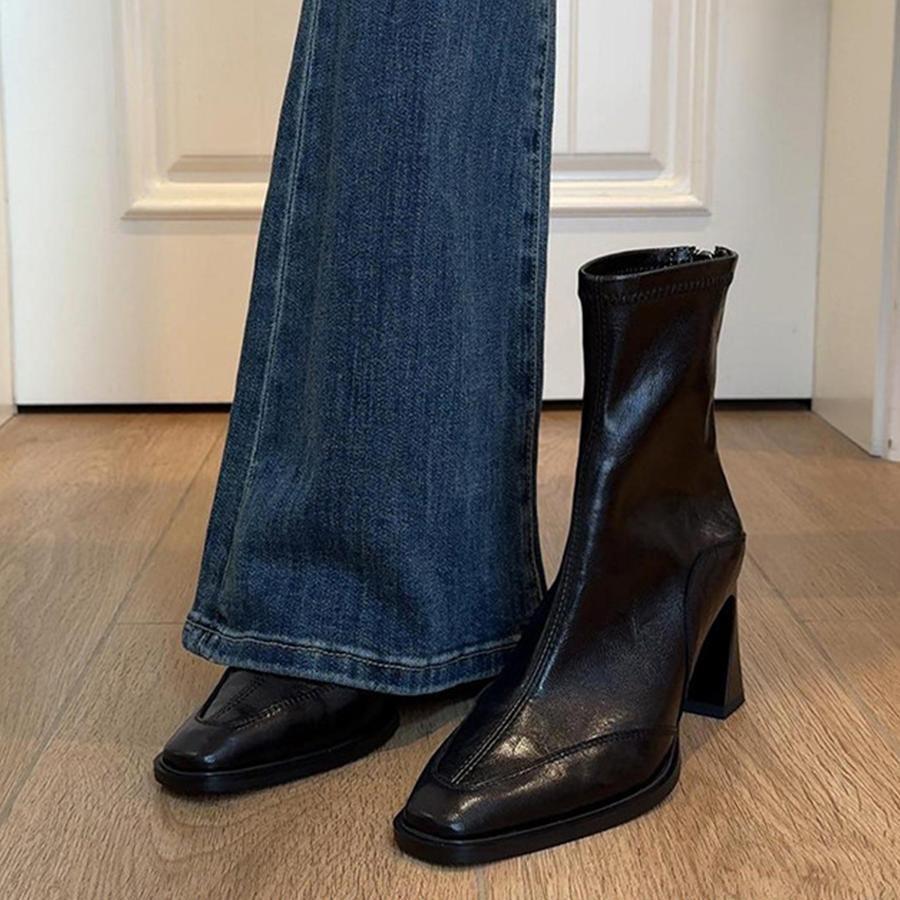 Blue Cabinet Edition~ High Heel Short Boots Women's 2025 Autumn and Winter New Black French Coarse Heel Elastic Skinny Boots Martin Boots