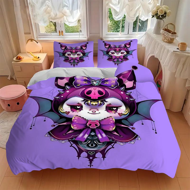 3pcs Kuromi Bat Print Bedding Set (1 Cover + 2 Pillowcases, Without Inserts), This Printed Bedding Set is Soft and Comfortable, Suitable for