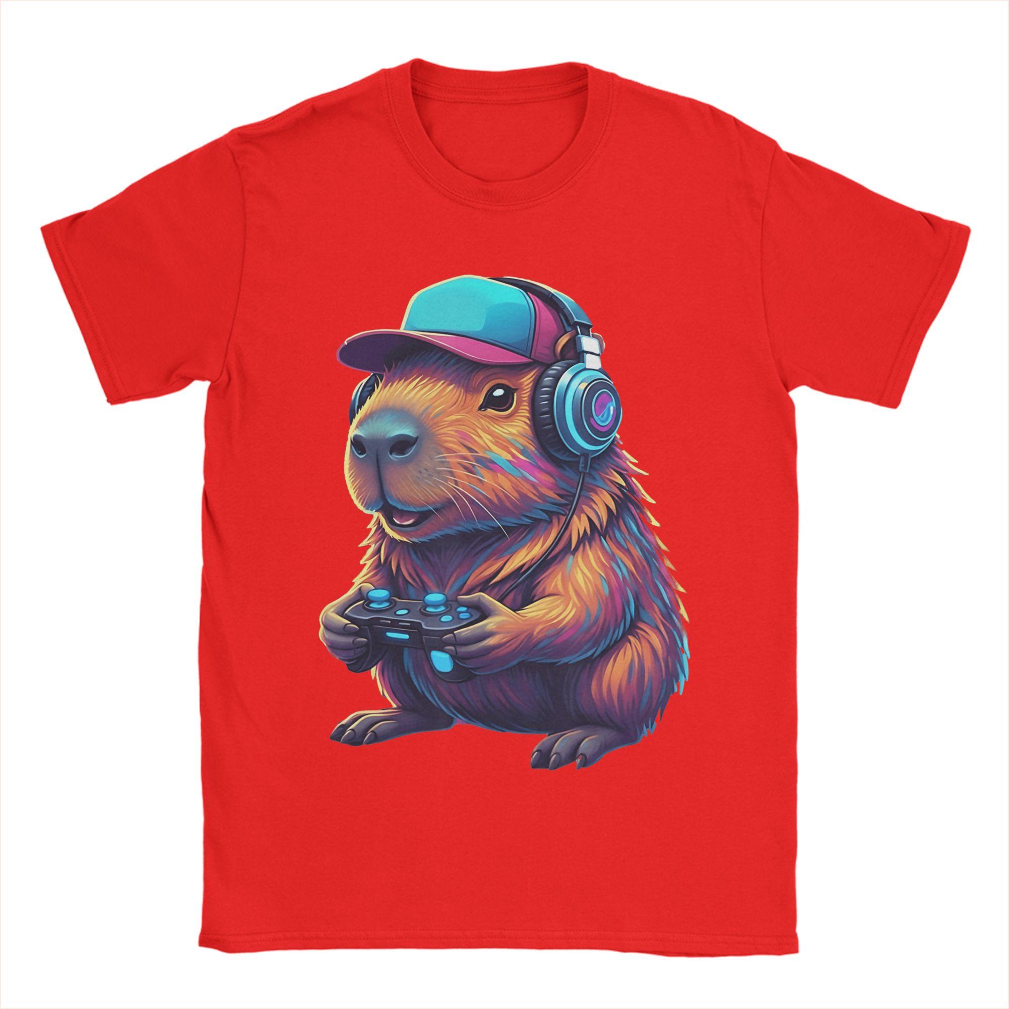 Funny Capybara Gamer Gaming Video Games Capybara Cotton T Shirt For Men Summer YK Funny T Shirts Round Neck Leisure Tee Shirt S