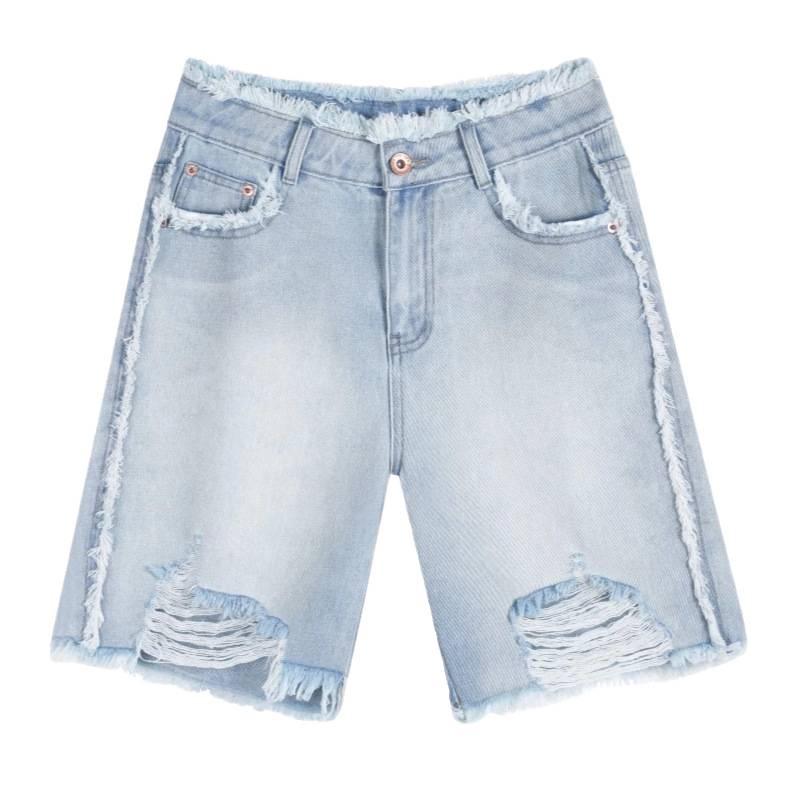 Women's 2026 High-Waist Light Blue Raw Hem Denim Shorts - Ripped, Wide-Leg, Mid-Length