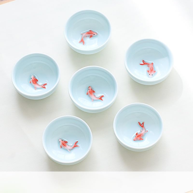 DAVBIR Boutique Tea Cup Ceramic Celadon Small Fish Tea Bowl (1.52Oz) (45ml) (6 Mix and Match)