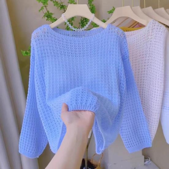 Women Tops Loose Fit One-Shoulder Hollow Knitted Long Sleeve Blouse Pure Color Summer Thin Tops Sun Protection Cover Up Blouse