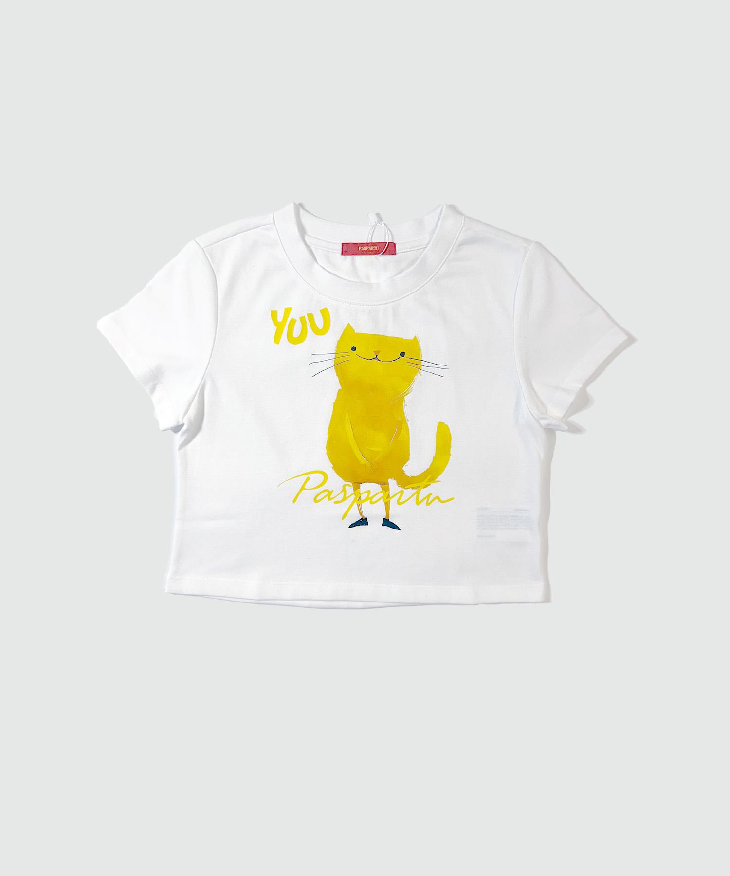 Paspartu Cat Crop Short Sleeve Tee White