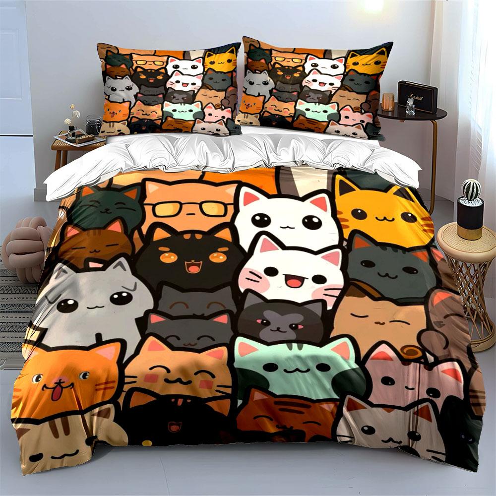 Cute Cartoon Cat Faces Bedding Bedding Duvet Cover Set Duvet Cover Pillowcases (1 * Duvet Cover 2 * Pillowcases, without duvet insert)