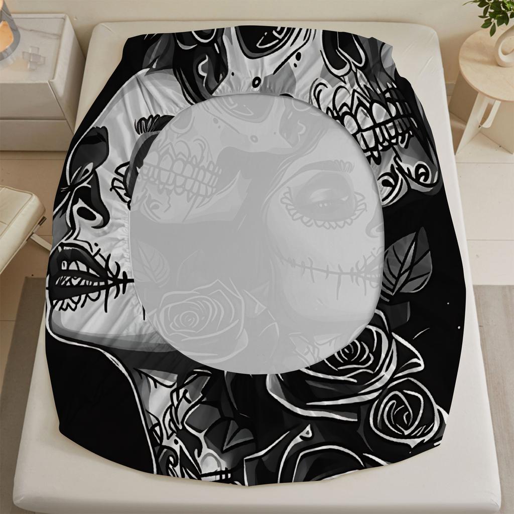 3pcs Fitted Sheet Set Skull And Rose 3D Printed Black And White Anti-Slip Durable Bed Sheet With Pillowcases For Bedroom Decor