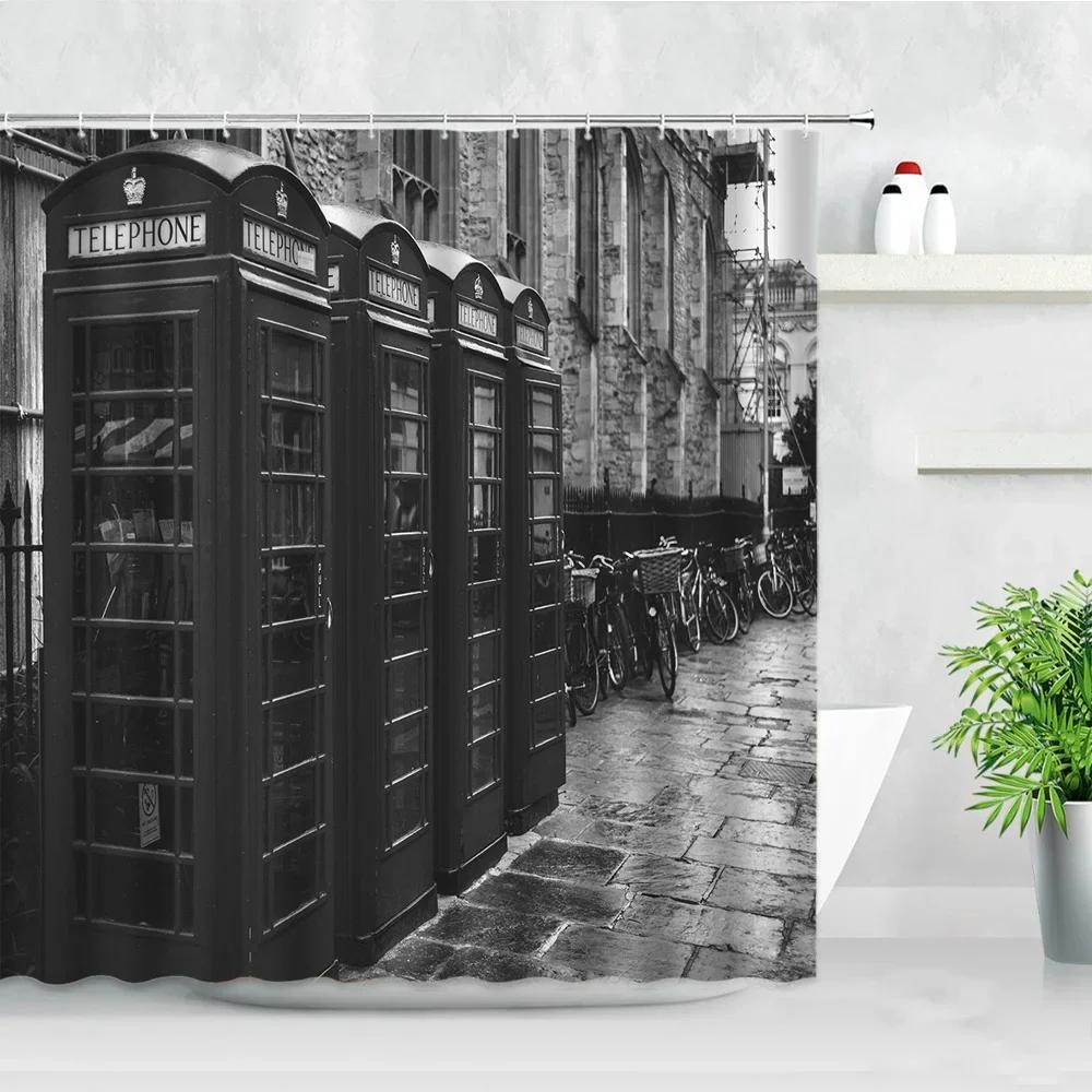 London Street View Shower Curtains Big Ben Red phone Booth Bus Printing Retro Wall Decor Cloth Screen Hooks Bathroom Curtain Set