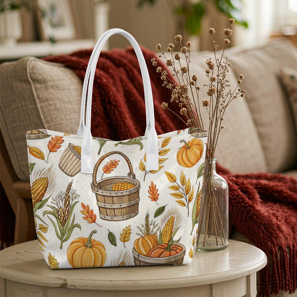 Fall Harvest Pattern Tote Bag Autumn Pumpkin Corn Handbag Daily Use