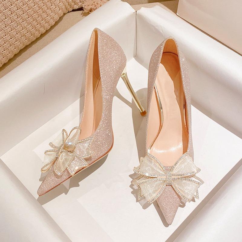 Spring and summer new champagne bow high heels women's pointed head shallow mouth crystal stiletto bridal wedding shoes