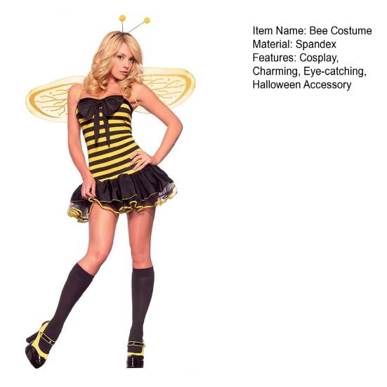 Set Costume da Ape per Halloween da Donna Abito Cosplay Senza Maniche a Righe Coccinella con Fascia per Capelli ad Ala Divertente Costume da Fata per Adulti