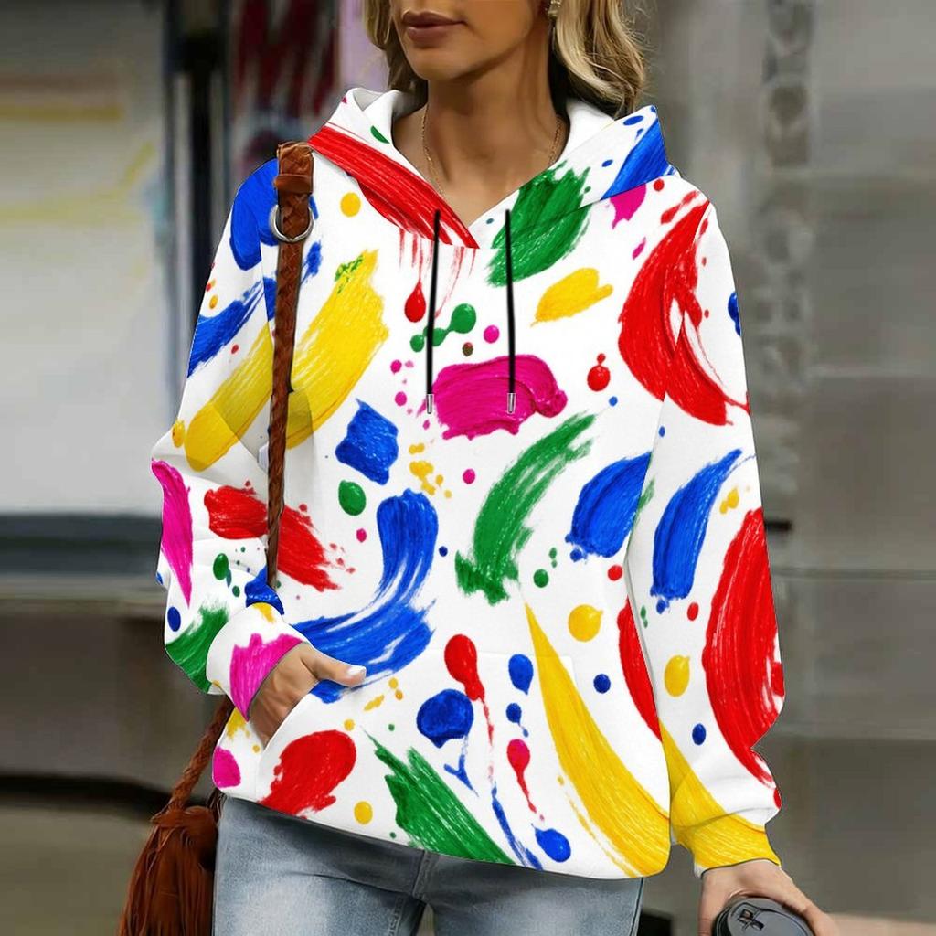 Women Plus Size Abstract Printed Long Sleeve Drawstring Hood Kangaroo Pocket Pullover Hoodie