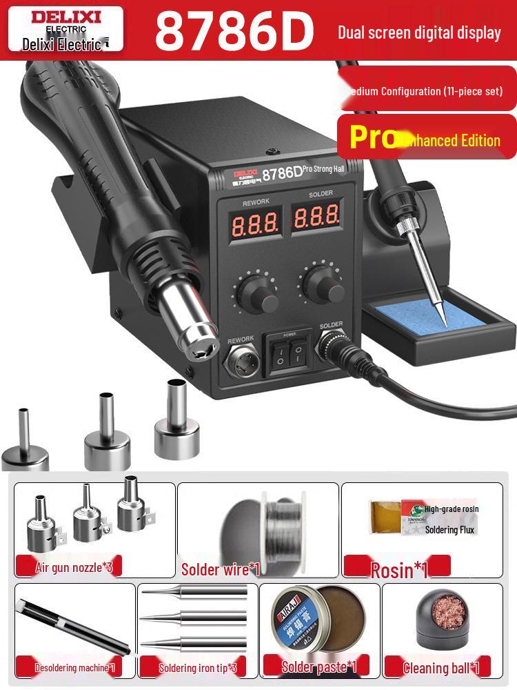 Delixi Electric 2-in-1 Soldering and Desoldering Station with Hot Air Gun and Worktable