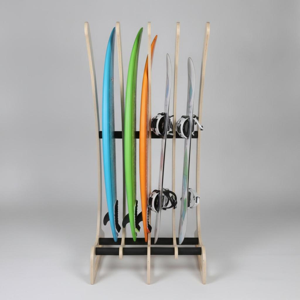 Surfboard Storage Rack with Padding Wood Finish Multi-Compartment Board