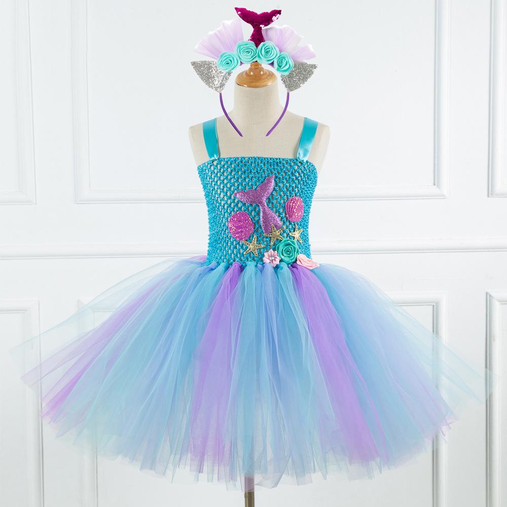 Mermaid Girl Tutu Dress with Headwear - Mesh Princess Dress for Cosplay and Stage Performances