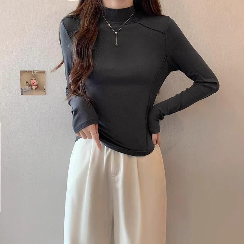 

Женская рубашка из немецкого бархата с подолом и полуводолазкой, теплая, с утолщенным длинным рукавом и правым плечом, облегающая и высококачественная XL