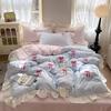 Korean Style Bedding Sets  Pink Grid Bow Quilt Cover Romantic Bed Sheet Sets Woman Girls Bedroom Duvet Cover 4pcs