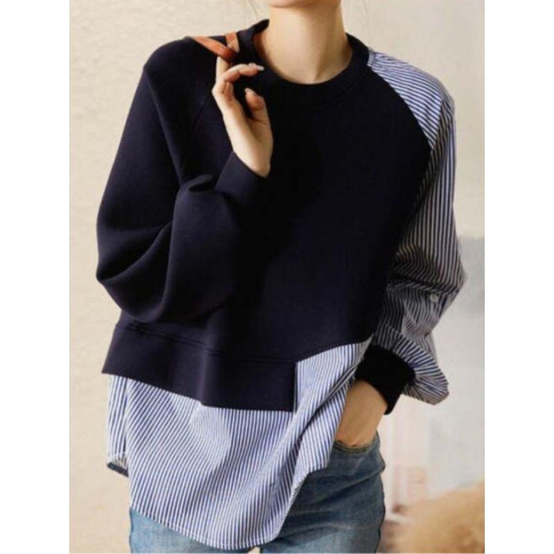 Spring New Cross-Border Fashion Korean round Neck Thin Stripe Patchwork Loose Casual Simplicity Long sleeve Hoodie Top Women