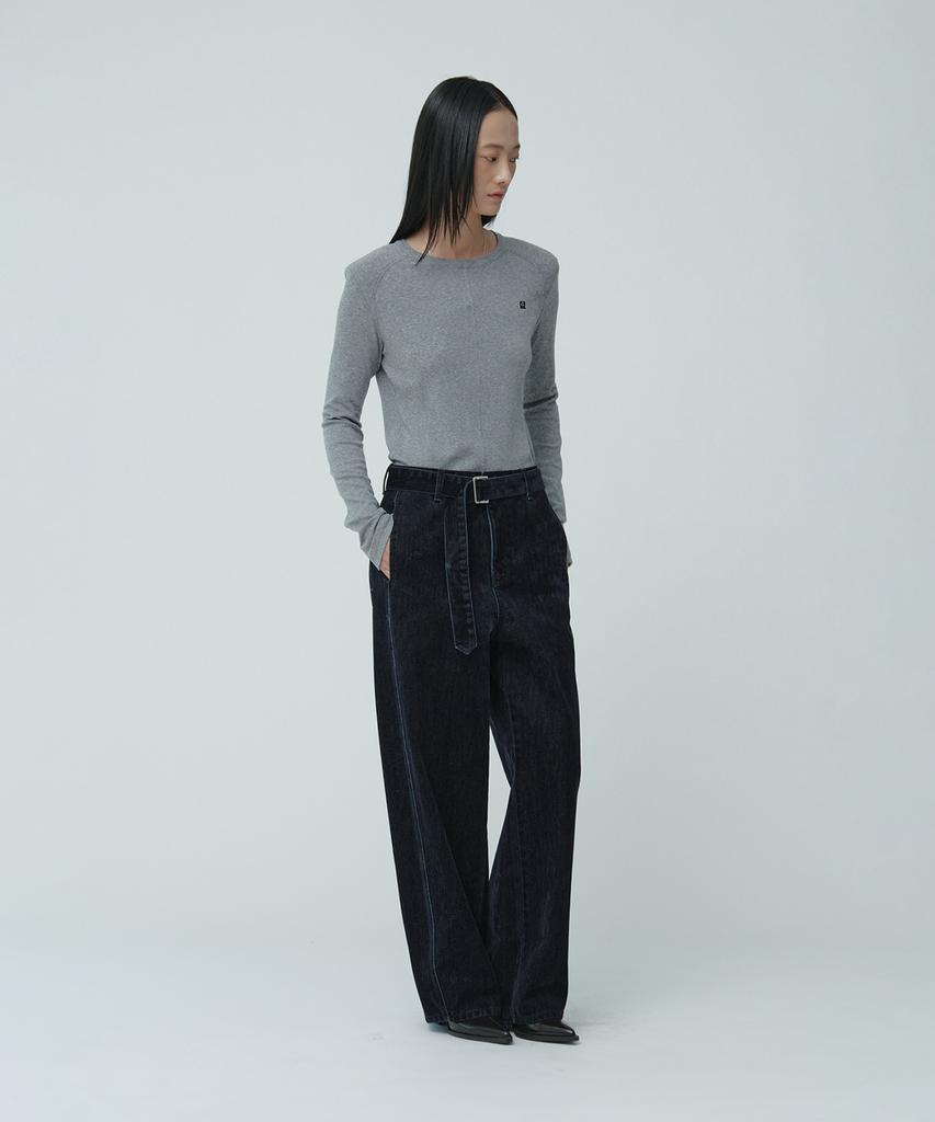 Muse Vitesse Curved Semi-Wide Buckle-Belted Denim Pants_Navy